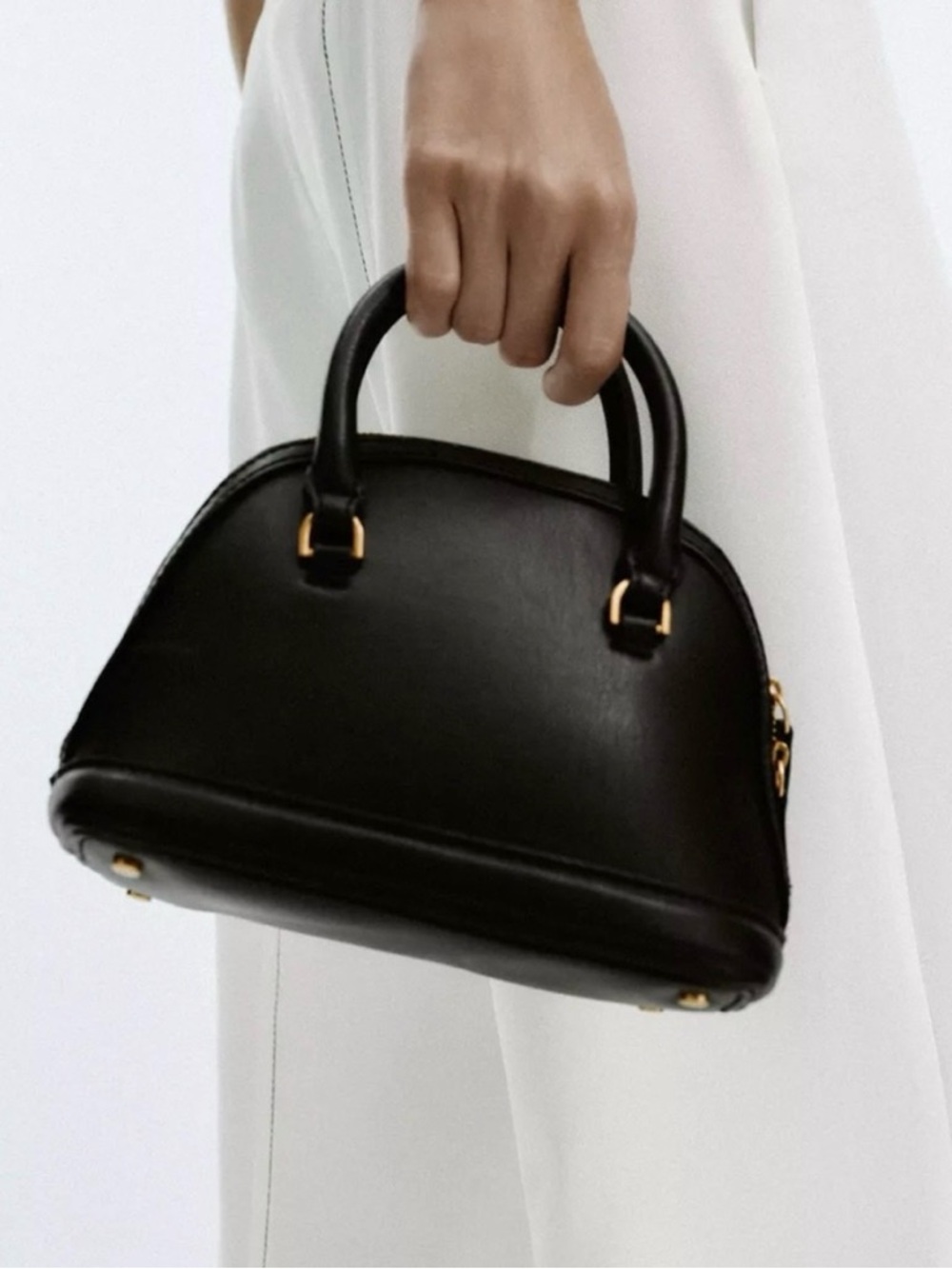Zara Black Crossbody Dome Satchel with Gold Hardware